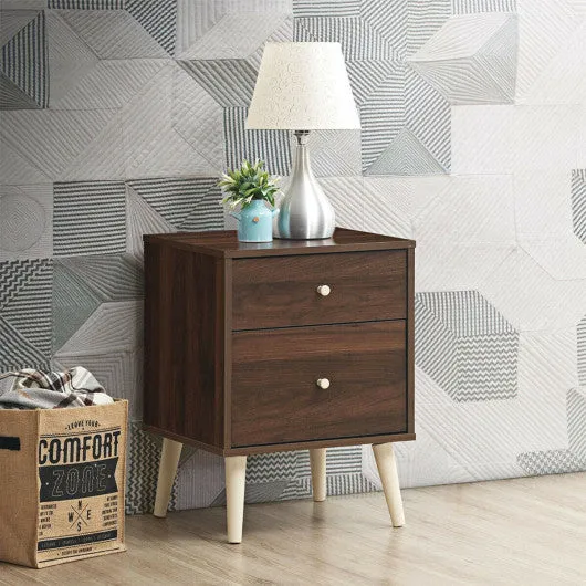 2-Drawer Nightstand Beside End Side Table with Rubber Legs-Brown