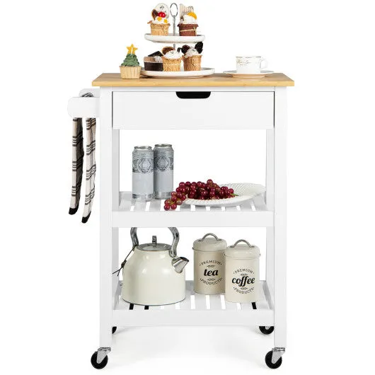 3-Tier Kitchen Island Cart Rolling Service Trolley with Bamboo Top-White