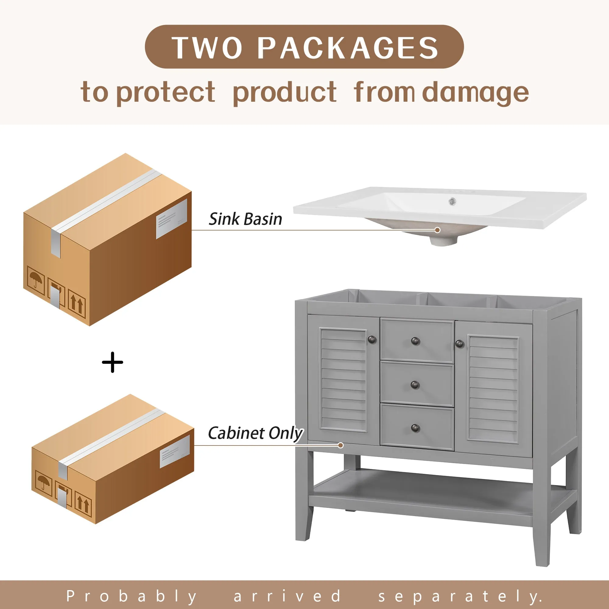 36" Bathroom Vanity with Ceramic Basin, Two Cabinets and Drawers, Open Shelf, Solid Wood Frame, Grey