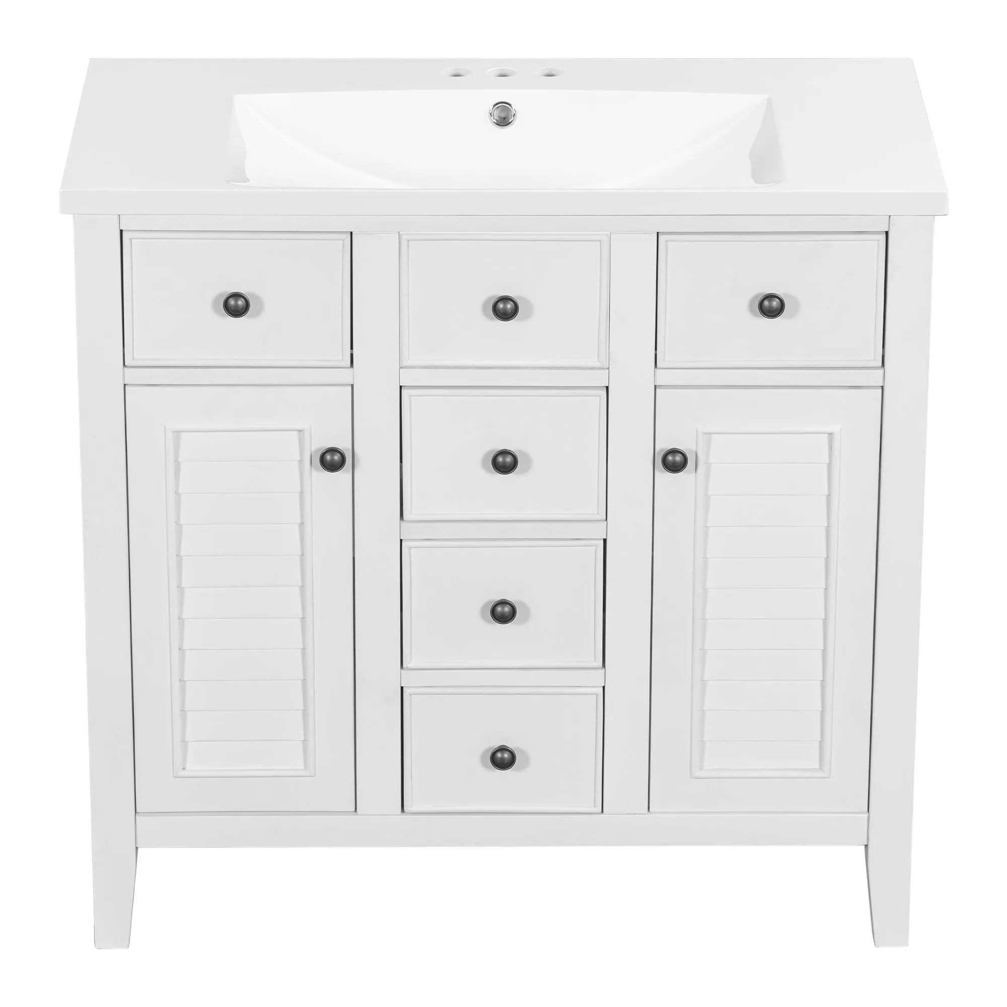 36" Bathroom Vanity with Ceramic Basin, Two Cabinets and Five Drawers, Solid Wood Frame, White