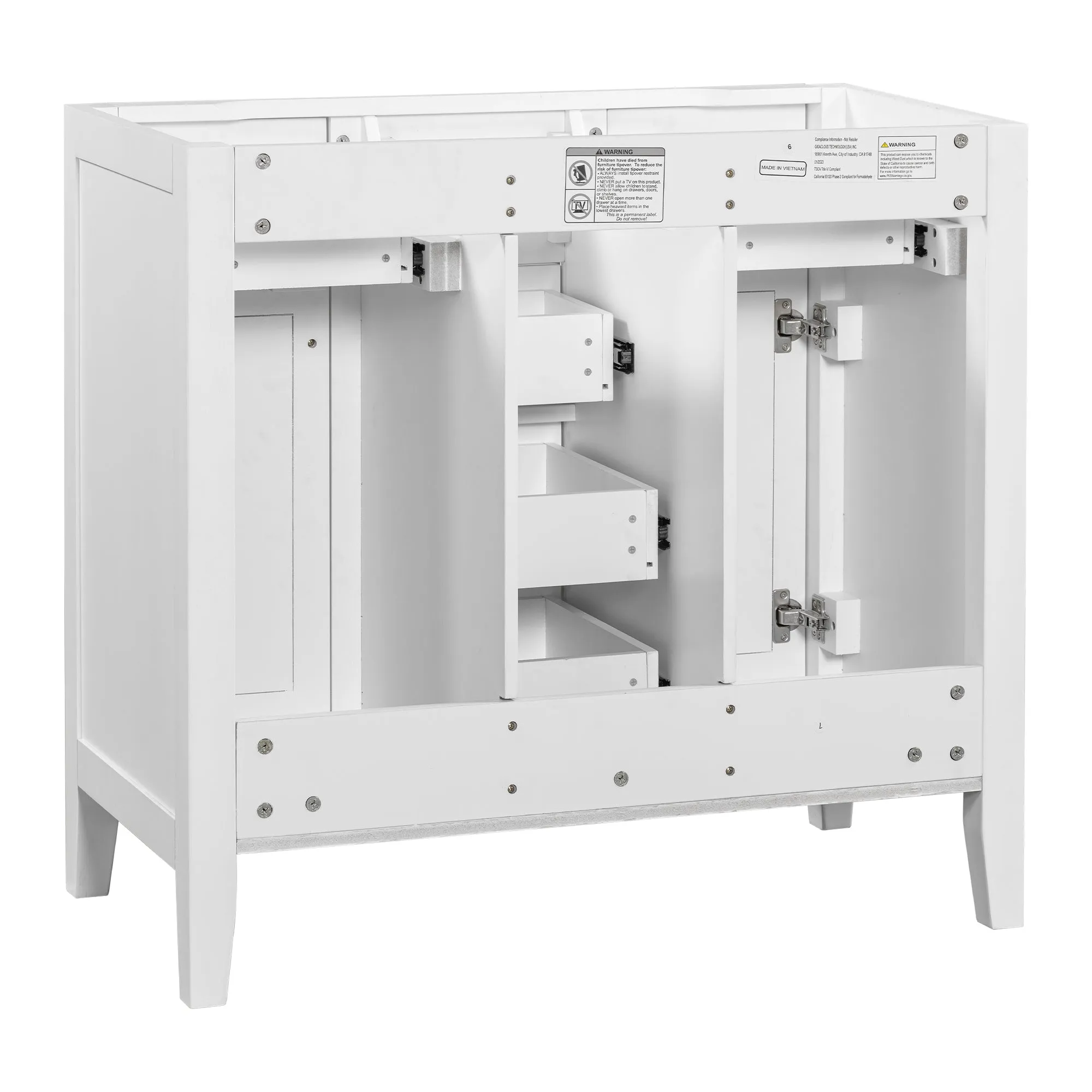 36" Bathroom Vanity with Ceramic Basin, Two Cabinets and Five Drawers, Solid Wood Frame, White