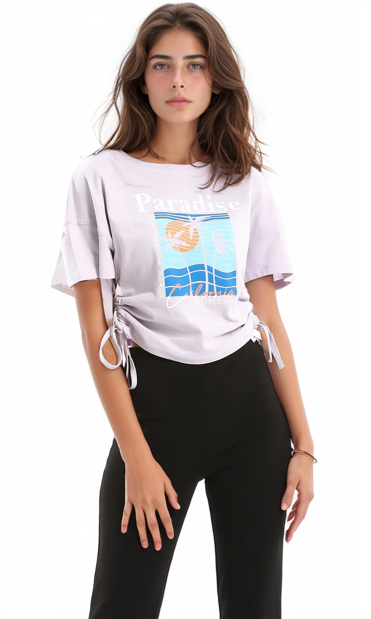 98235 Side Adjustable Drawstring Printed Lilac Tee