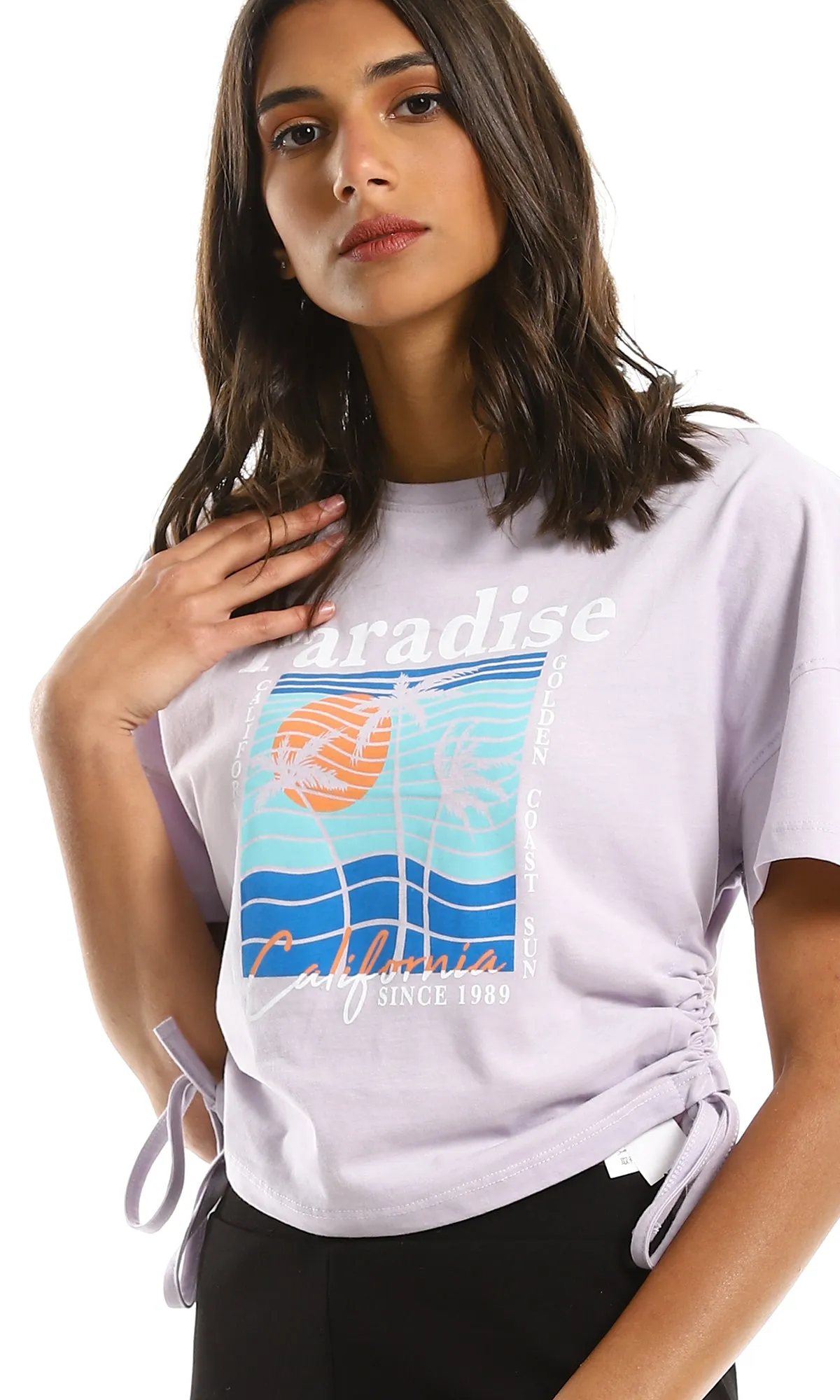 98235 Side Adjustable Drawstring Printed Lilac Tee