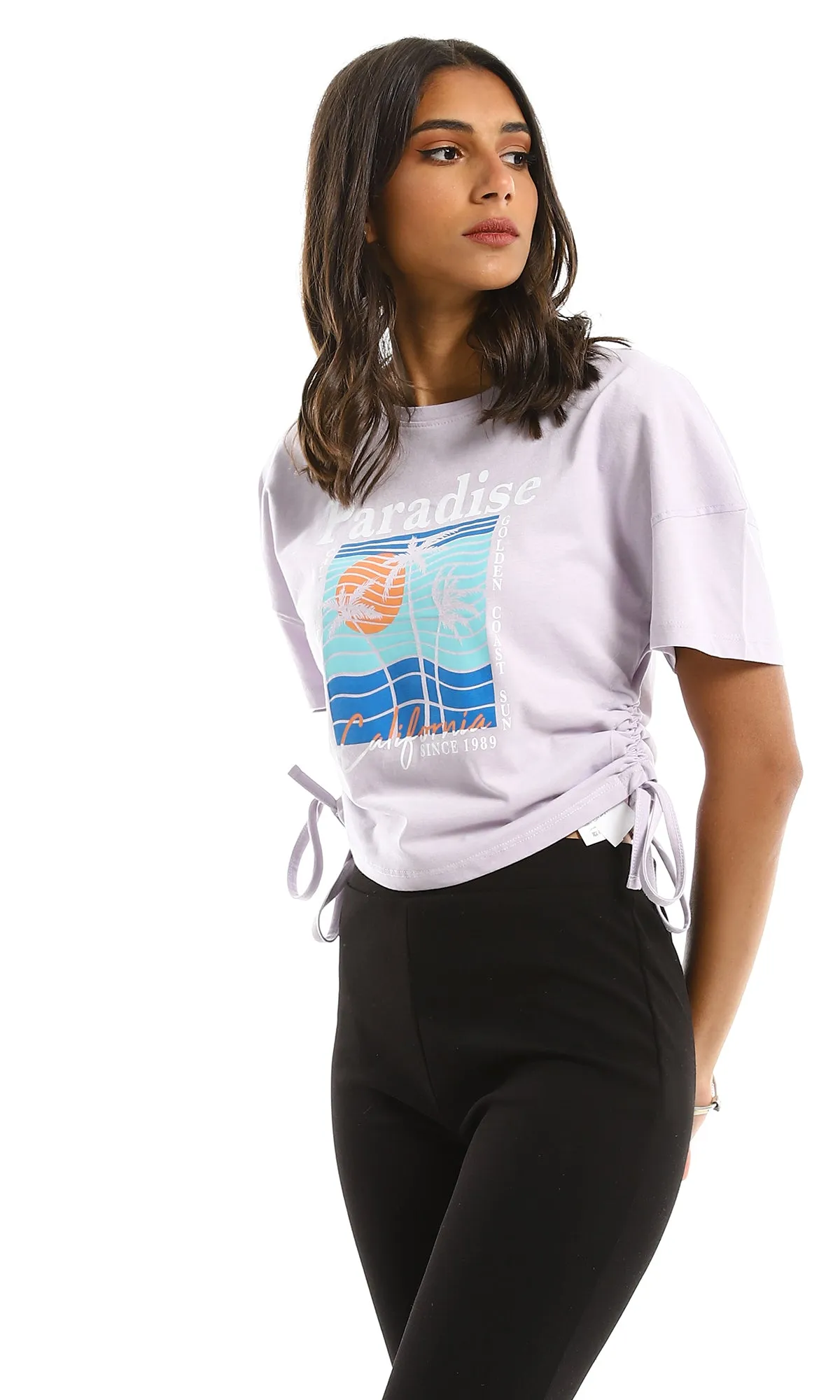 98235 Side Adjustable Drawstring Printed Lilac Tee