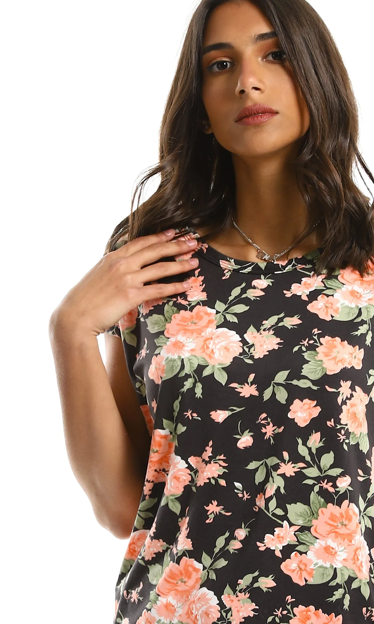 98821 Floral Short Sleeves Round Summer Black & Light Orange Tee