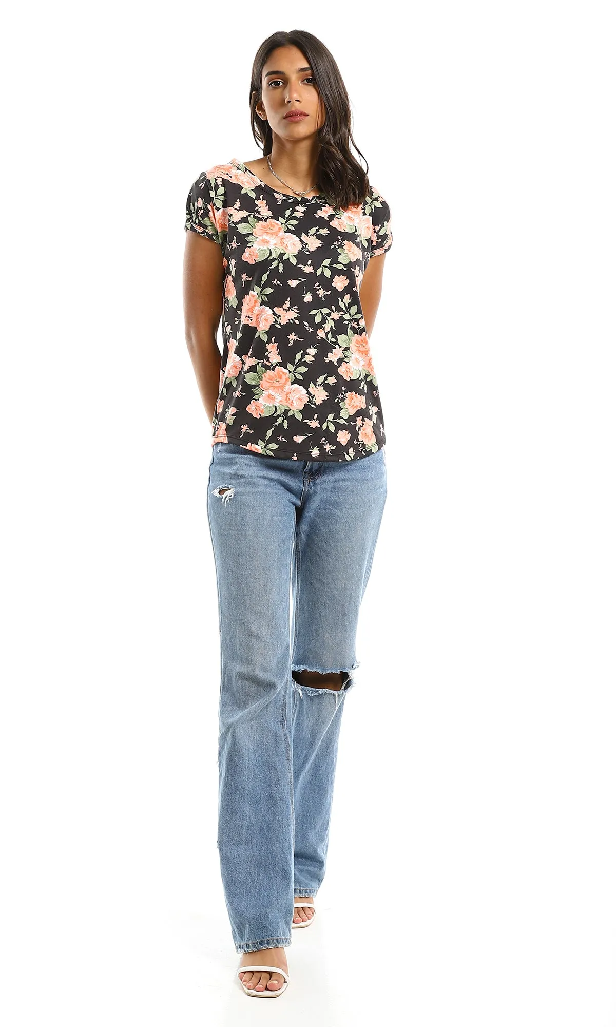 98821 Floral Short Sleeves Round Summer Black & Light Orange Tee