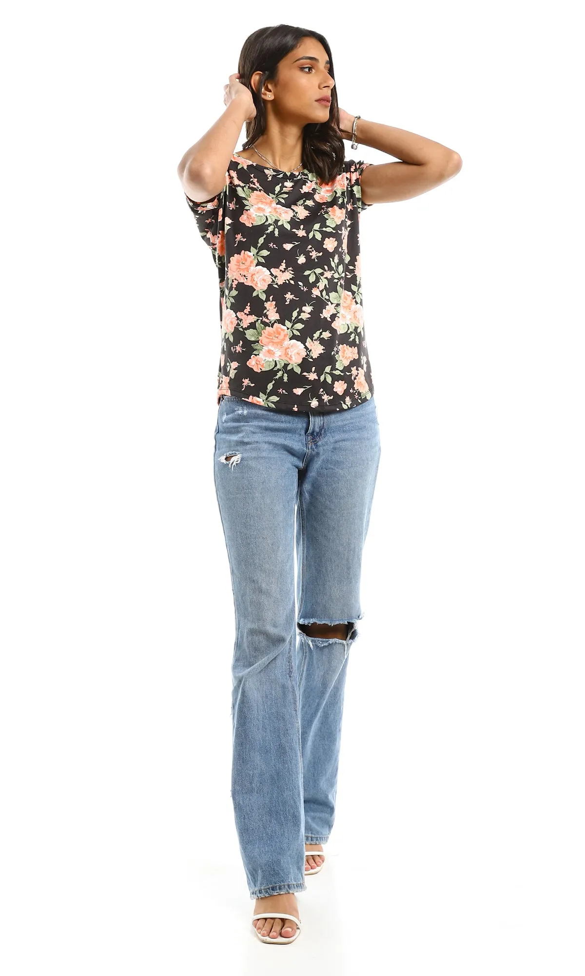 98821 Floral Short Sleeves Round Summer Black & Light Orange Tee