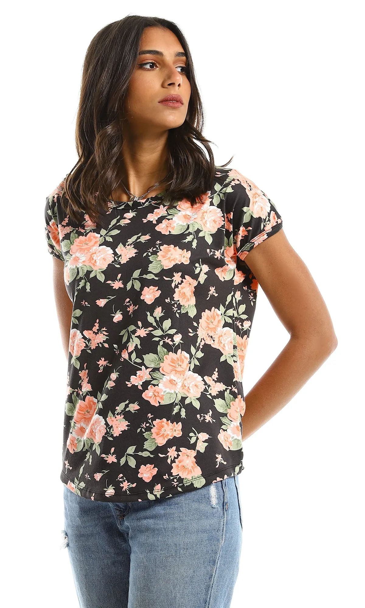 98821 Floral Short Sleeves Round Summer Black & Light Orange Tee