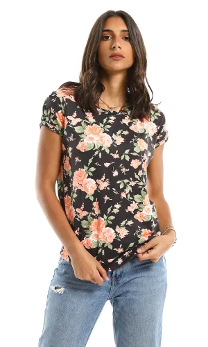 98821 Floral Short Sleeves Round Summer Black & Light Orange Tee