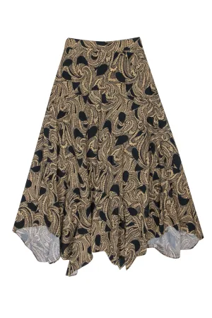 A.L.C. - Tan & Black Print Cotton Midi Skirt w/ Handkerchief Hem Sz 00