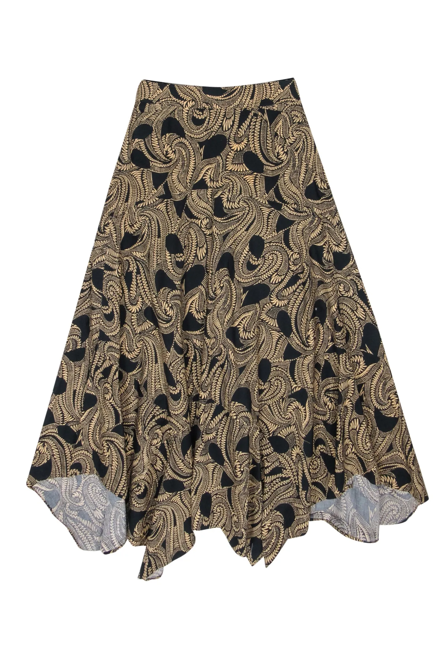 A.L.C. - Tan & Black Print Cotton Midi Skirt w/ Handkerchief Hem Sz 00