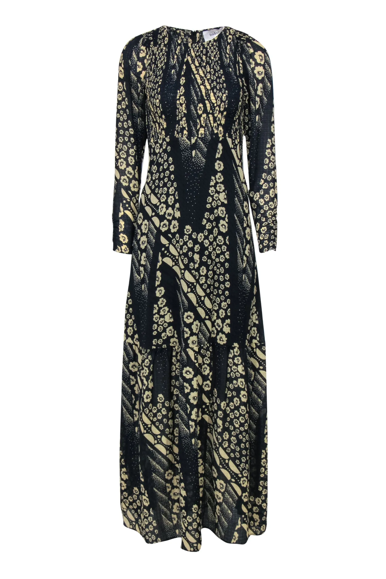 Ba&sh - Navy & Beige Floral Maxi Dress w/ Sheer Sleeves Sz 0