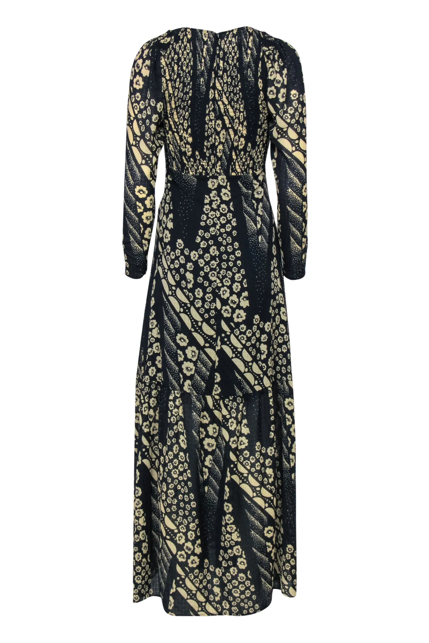Ba&sh - Navy & Beige Floral Maxi Dress w/ Sheer Sleeves Sz 0