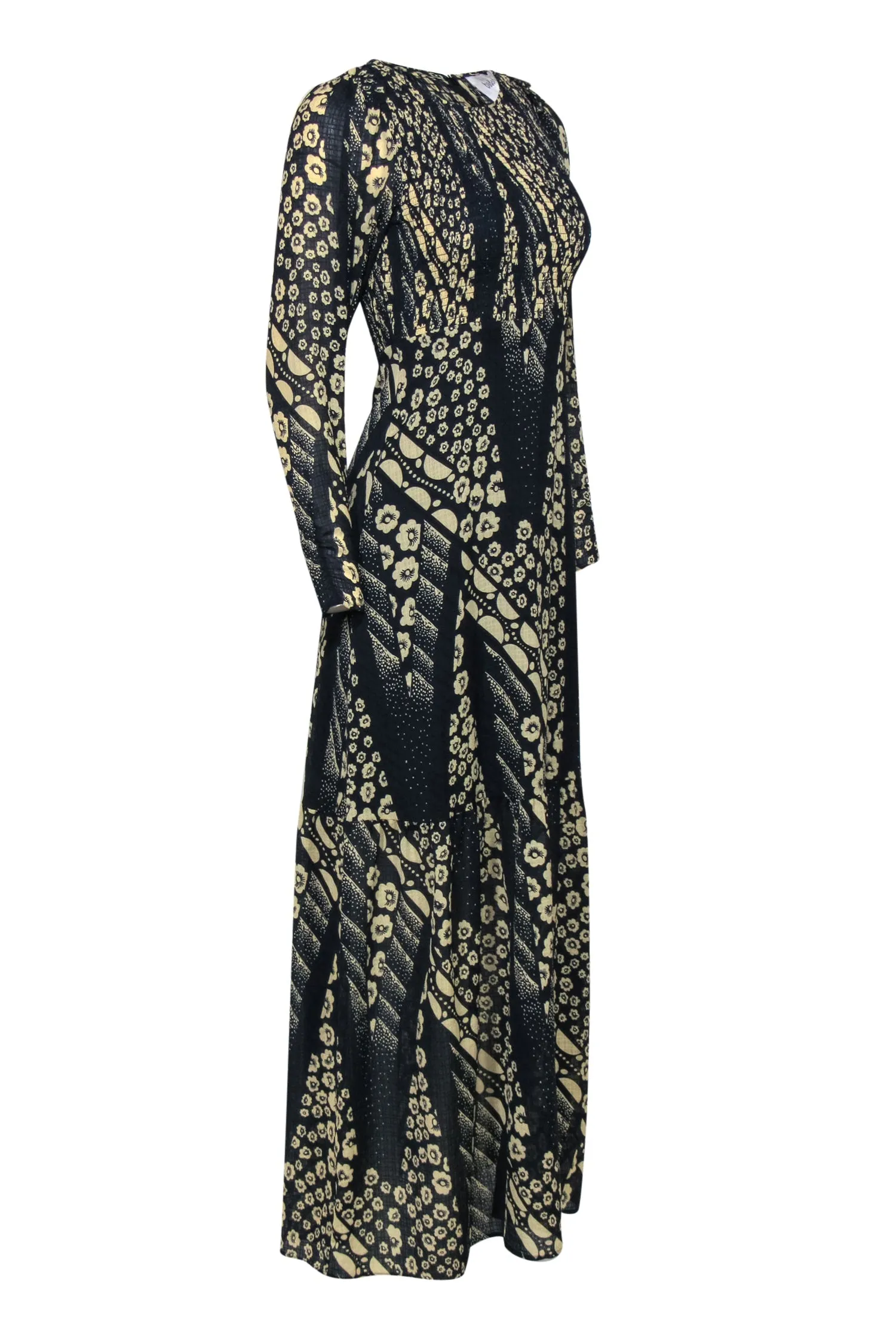 Ba&sh - Navy & Beige Floral Maxi Dress w/ Sheer Sleeves Sz 0