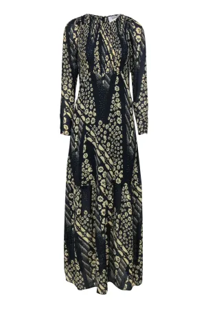 Ba&sh - Navy & Beige Floral Maxi Dress w/ Sheer Sleeves Sz 0