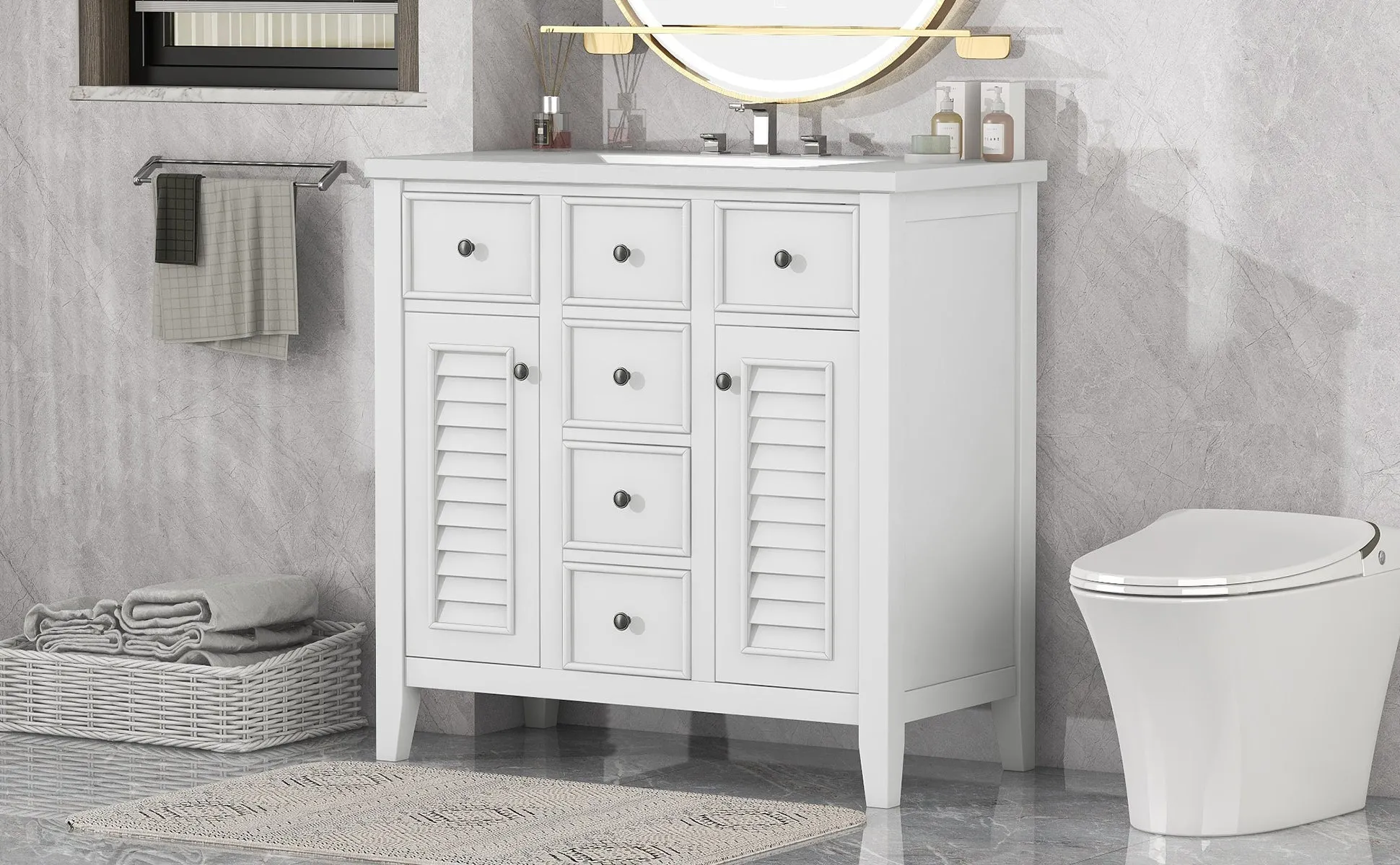 Bathroom Vanity with Ceramic Basin, Two Cabinets and Five Drawers - White