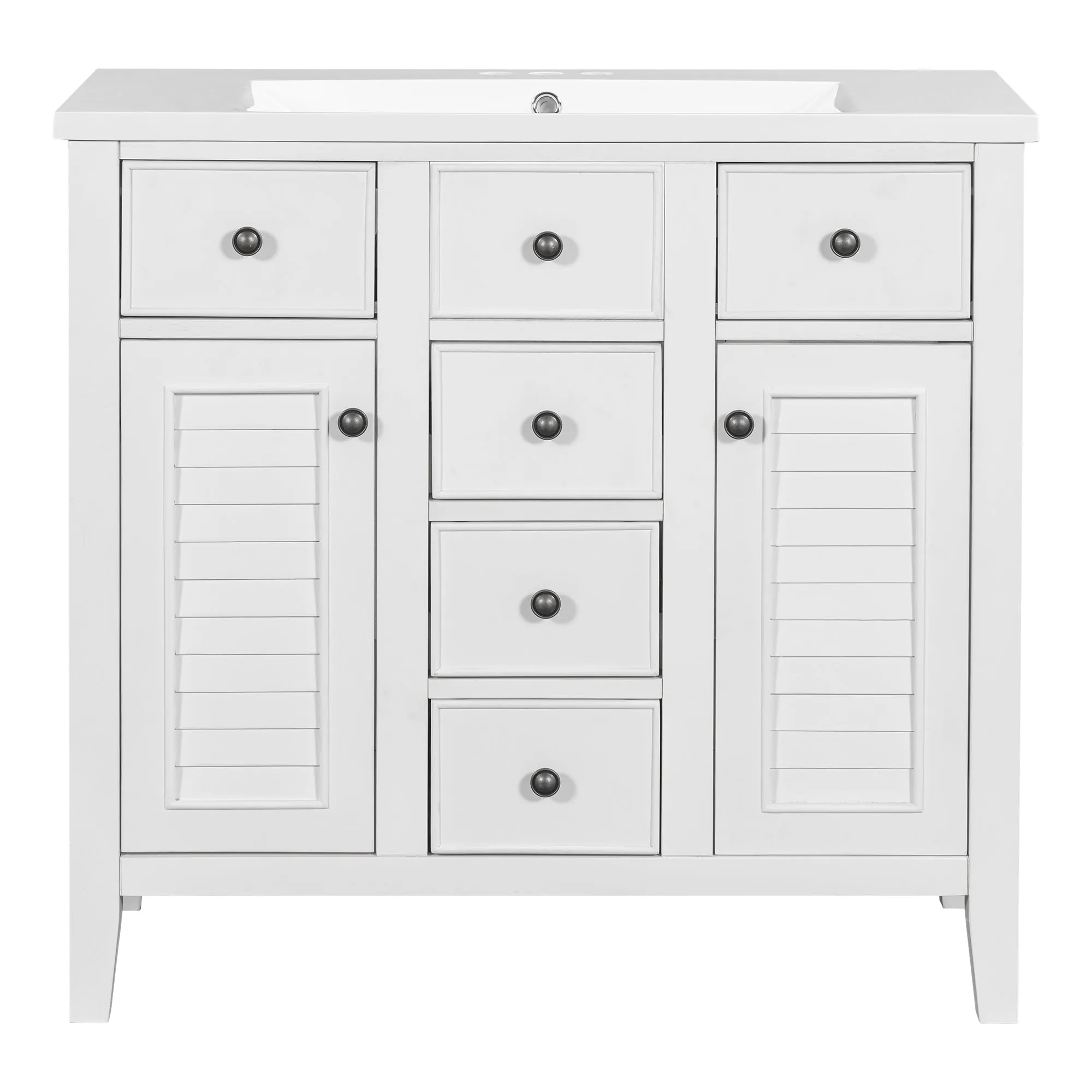 Bathroom Vanity with Ceramic Basin, Two Cabinets and Five Drawers - White