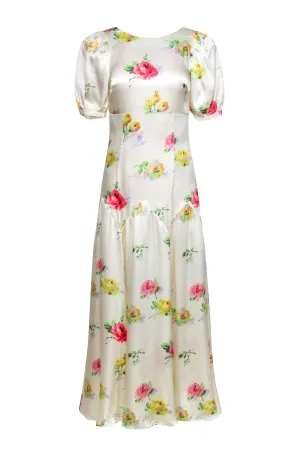 Black Iris - Ivory w/ Multi Color Floral Print Hammered Silk Dress Sz 2