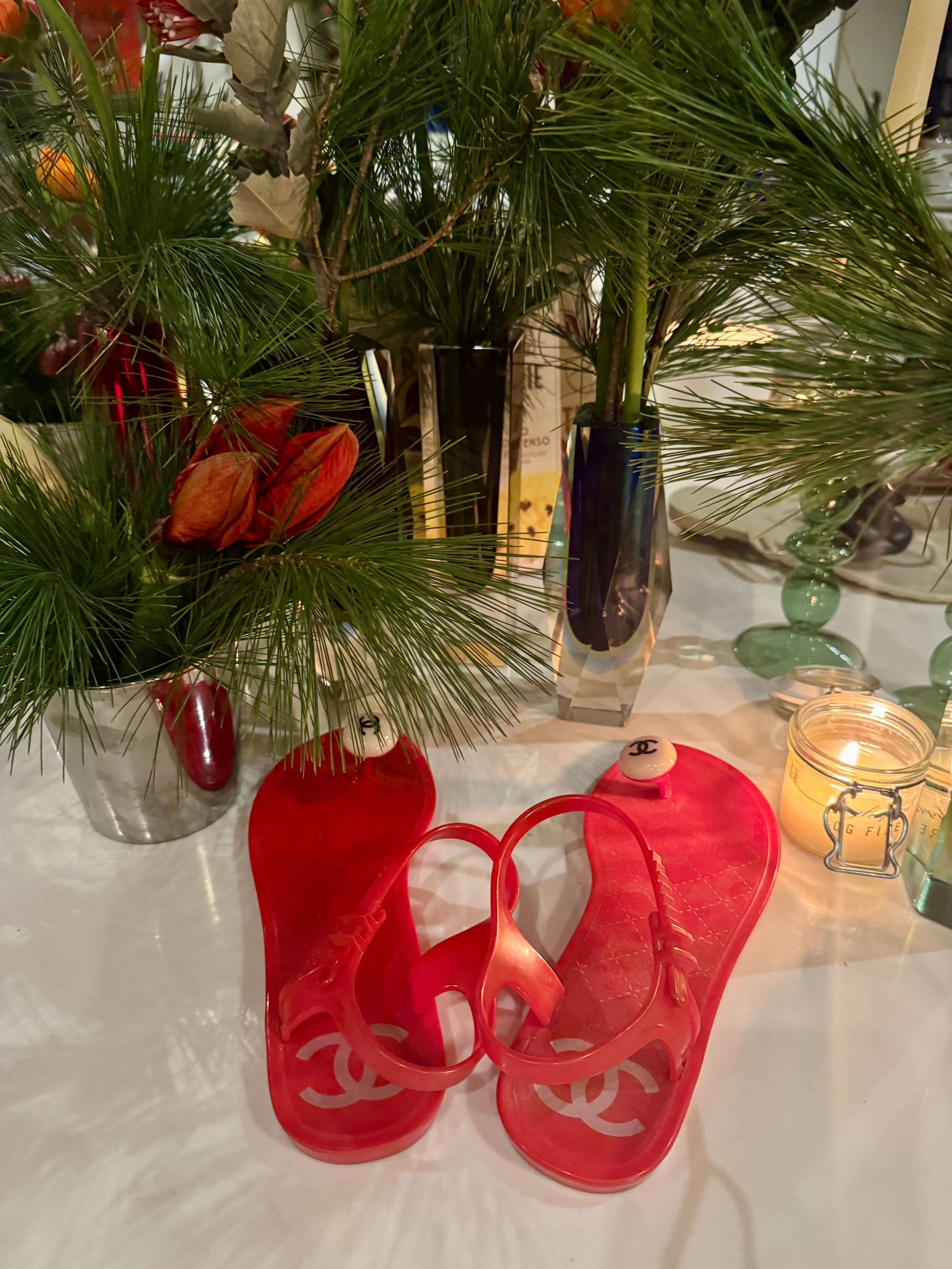 Chanel, red plastic logo flip flops