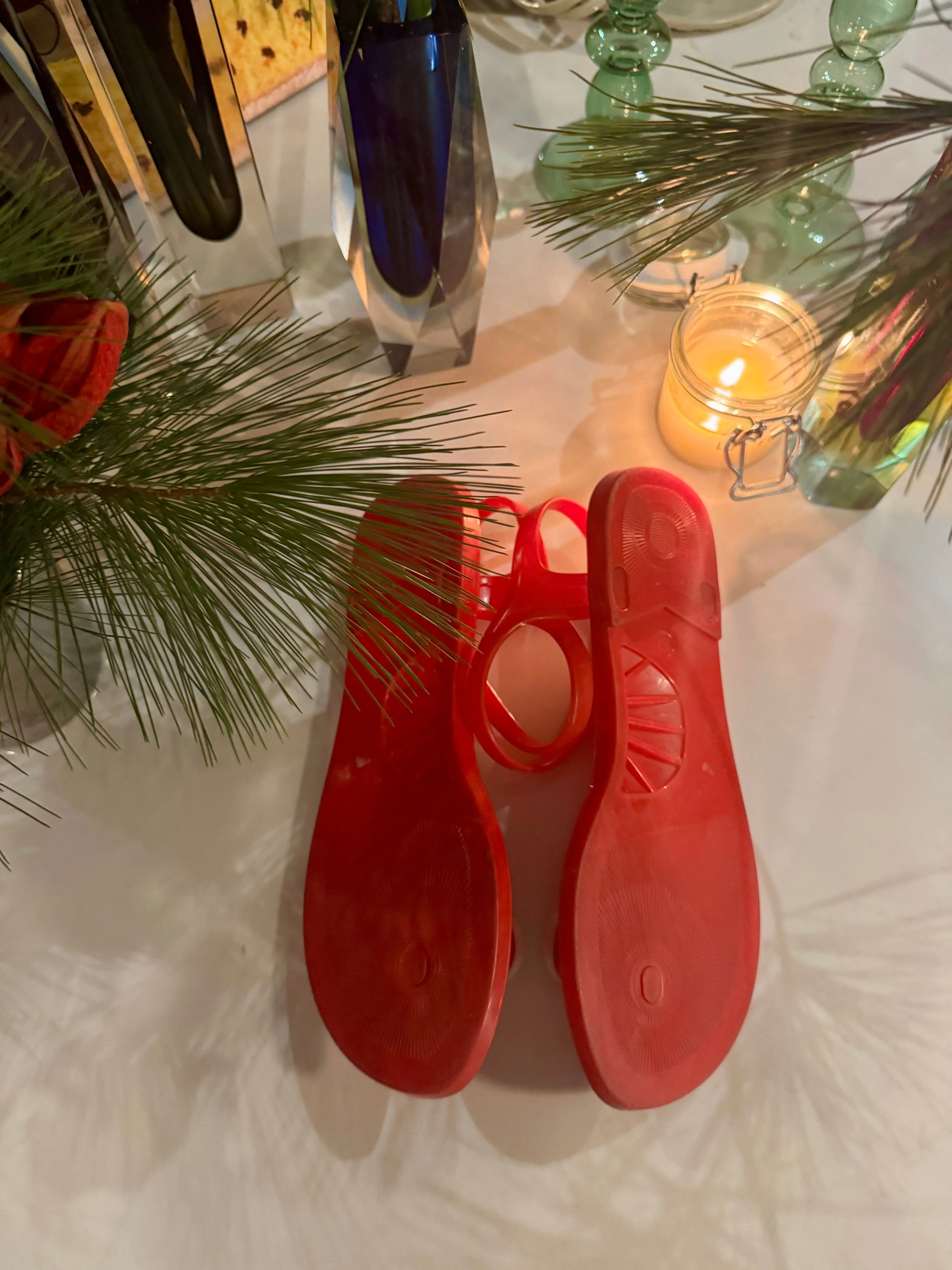 Chanel, red plastic logo flip flops