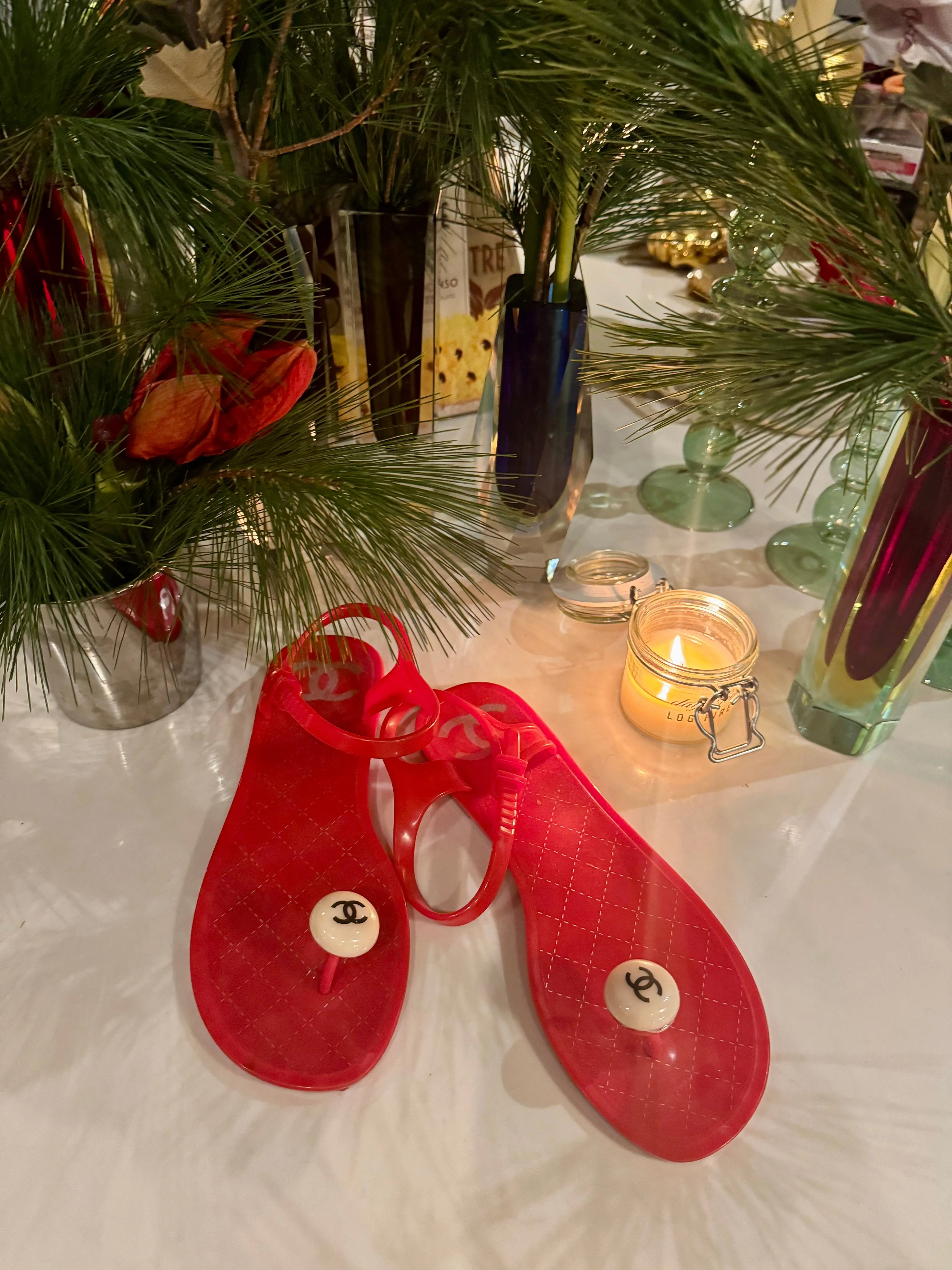 Chanel, red plastic logo flip flops