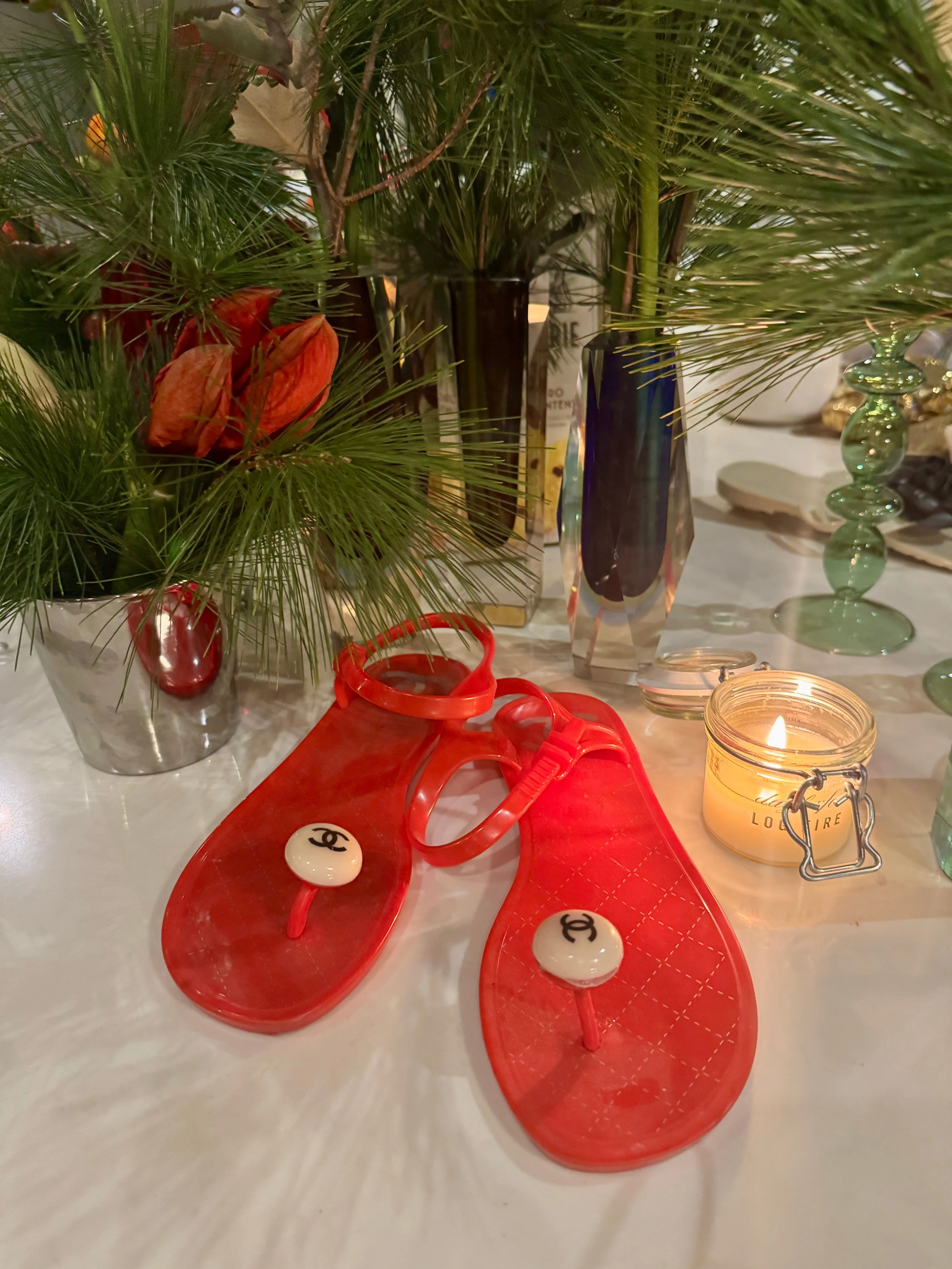 Chanel, red plastic logo flip flops