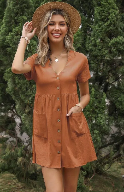 Chic Breeze Women's Cotton Linen V-Neck Shirt Dress with Short Sleeves