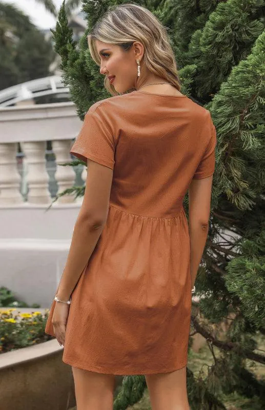 Chic Breeze Women's Cotton Linen V-Neck Shirt Dress with Short Sleeves