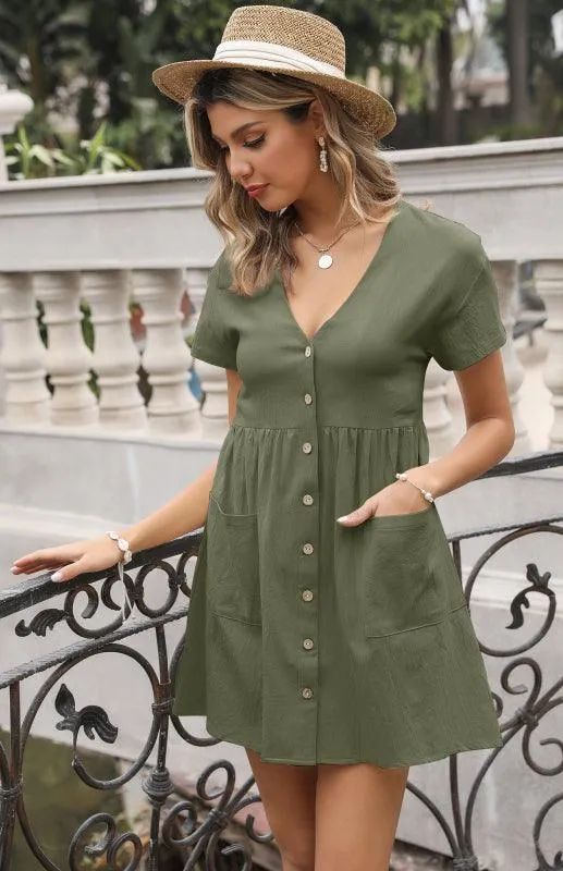Chic Breeze Women's Cotton Linen V-Neck Shirt Dress with Short Sleeves