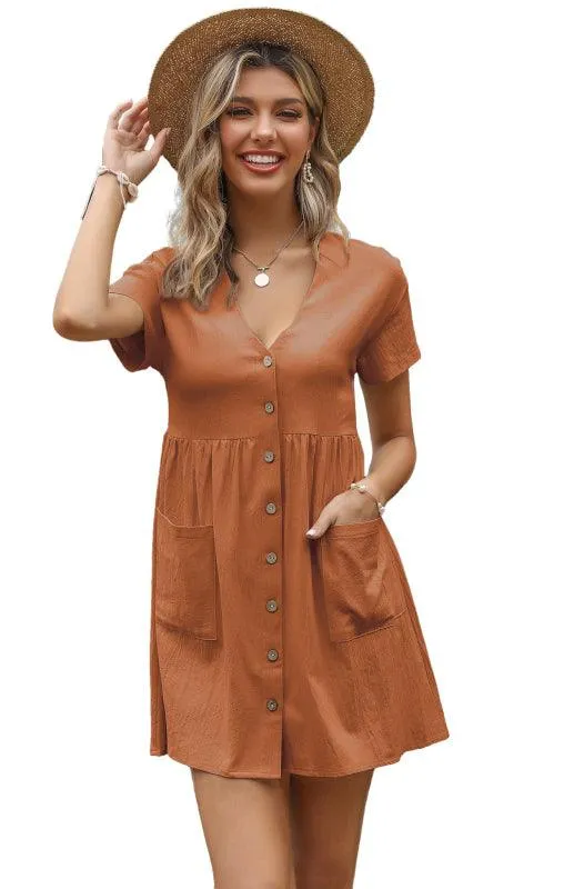 Chic Breeze Women's Cotton Linen V-Neck Shirt Dress with Short Sleeves