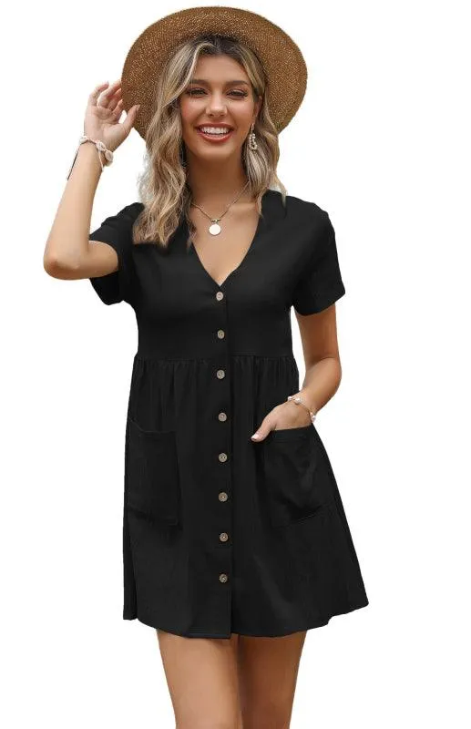Chic Breeze Women's Cotton Linen V-Neck Shirt Dress with Short Sleeves