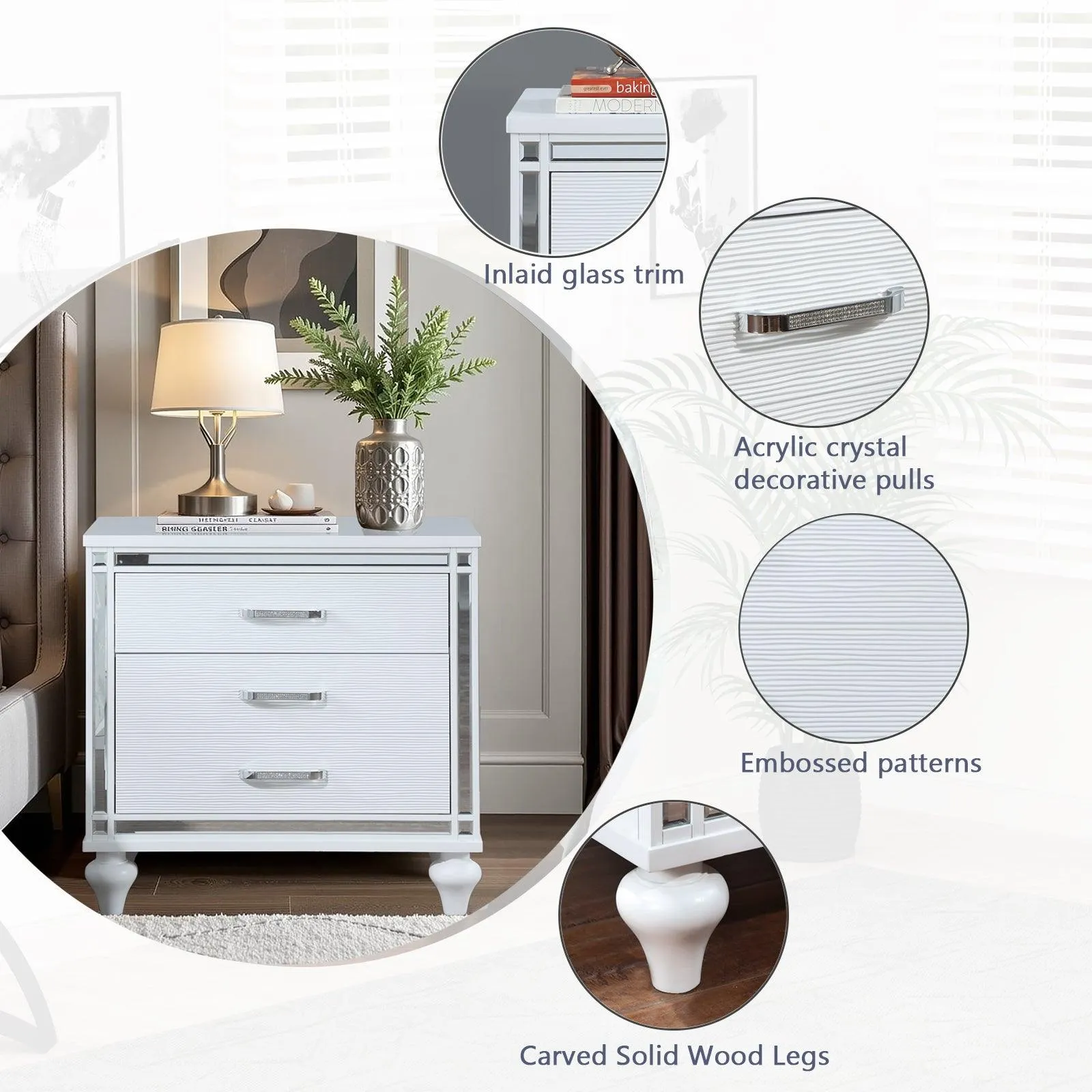 Contemporary Nightstands with mirror frame accents, Bedside Table with two drawers and one hidden drawer, End Table with Crystal Pull for Living Room,Bedroom, White