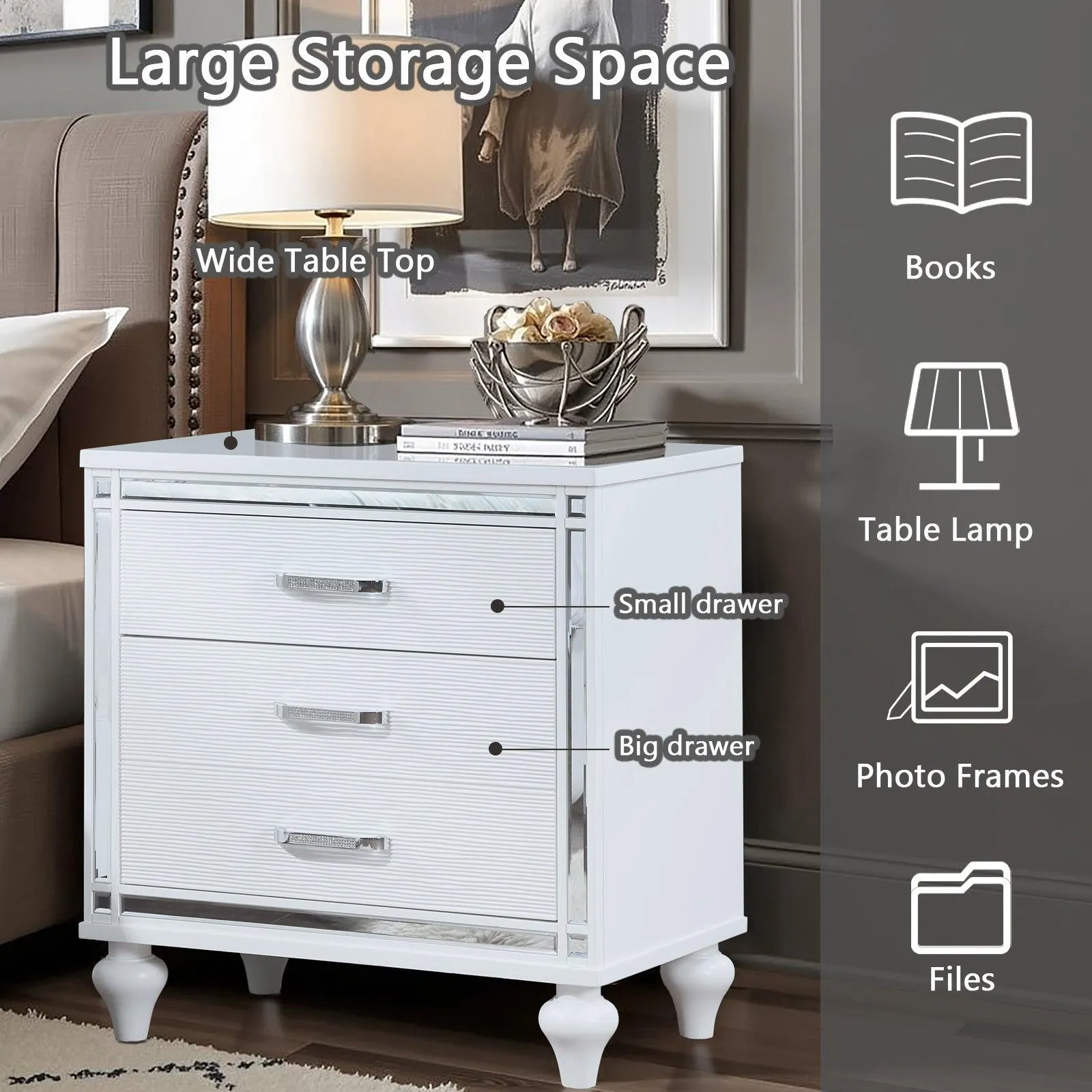 Contemporary Nightstands with mirror frame accents, Bedside Table with two drawers and one hidden drawer, End Table with Crystal Pull for Living Room,Bedroom, White