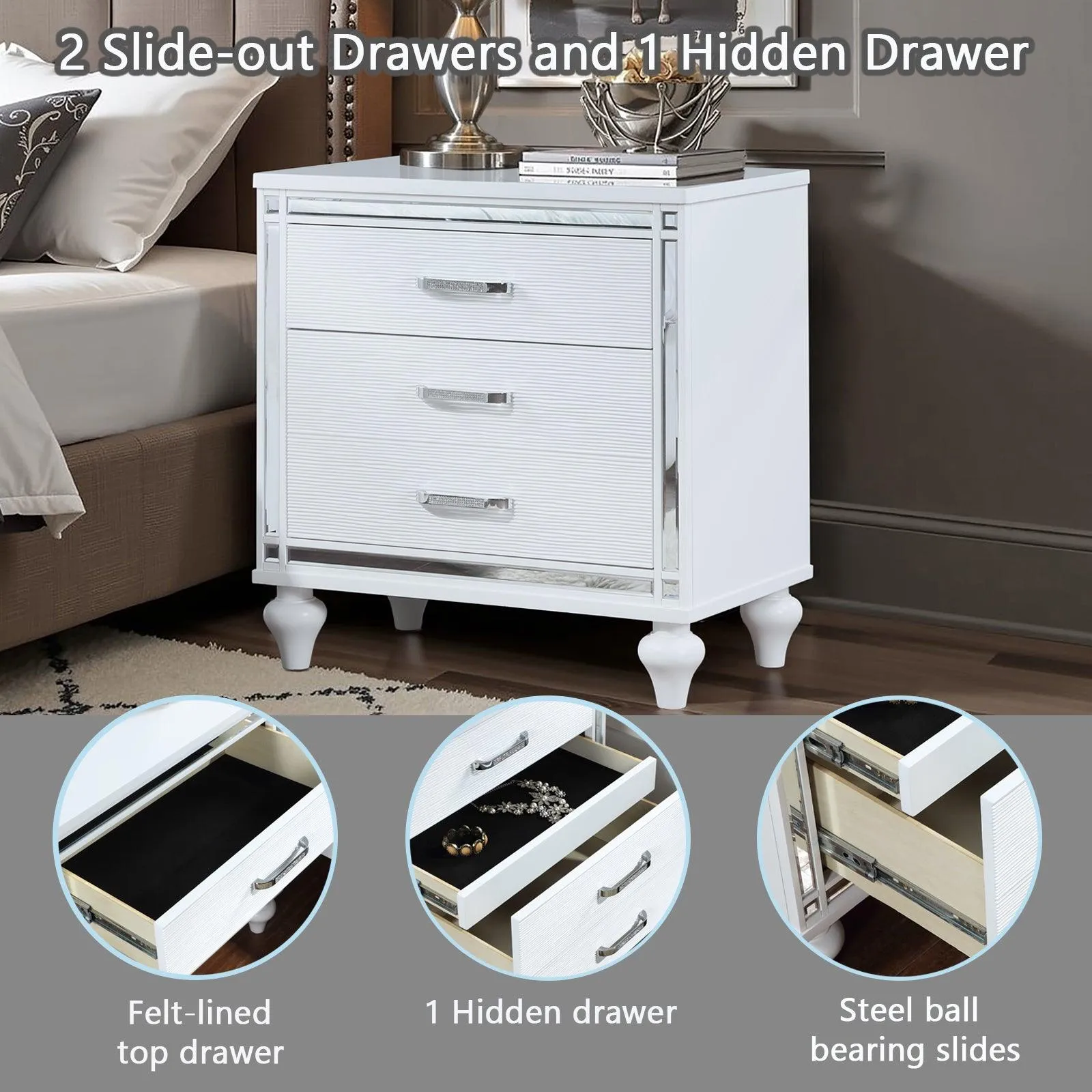Contemporary Nightstands with mirror frame accents, Bedside Table with two drawers and one hidden drawer, End Table with Crystal Pull for Living Room,Bedroom, White