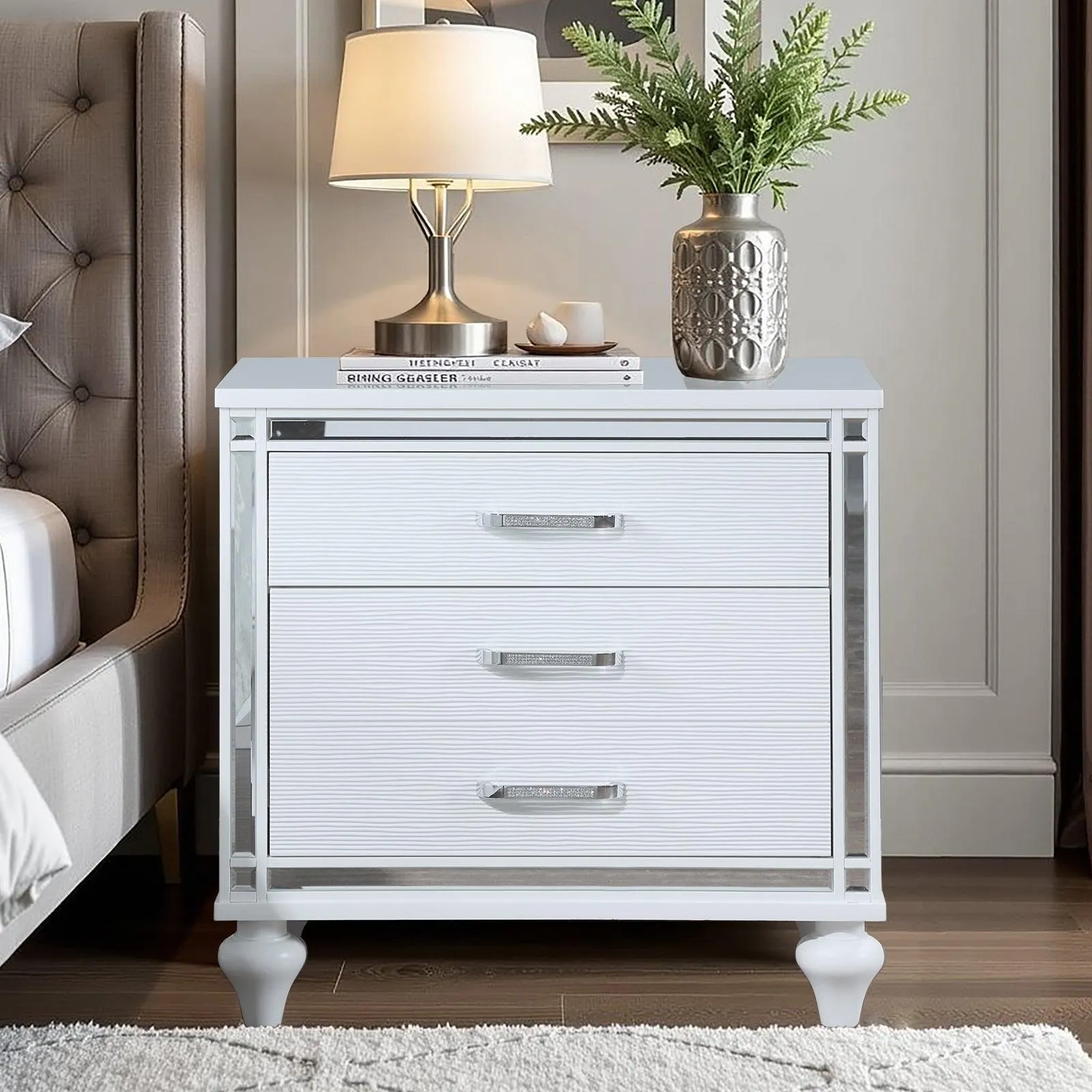 Contemporary Nightstands with mirror frame accents, Bedside Table with two drawers and one hidden drawer, End Table with Crystal Pull for Living Room,Bedroom, White