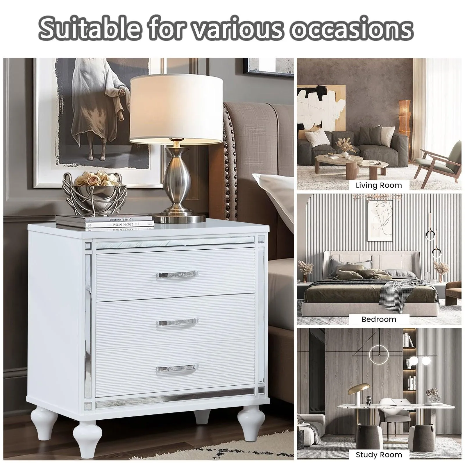 Contemporary Nightstands with mirror frame accents, Bedside Table with two drawers and one hidden drawer, End Table with Crystal Pull for Living Room,Bedroom, White