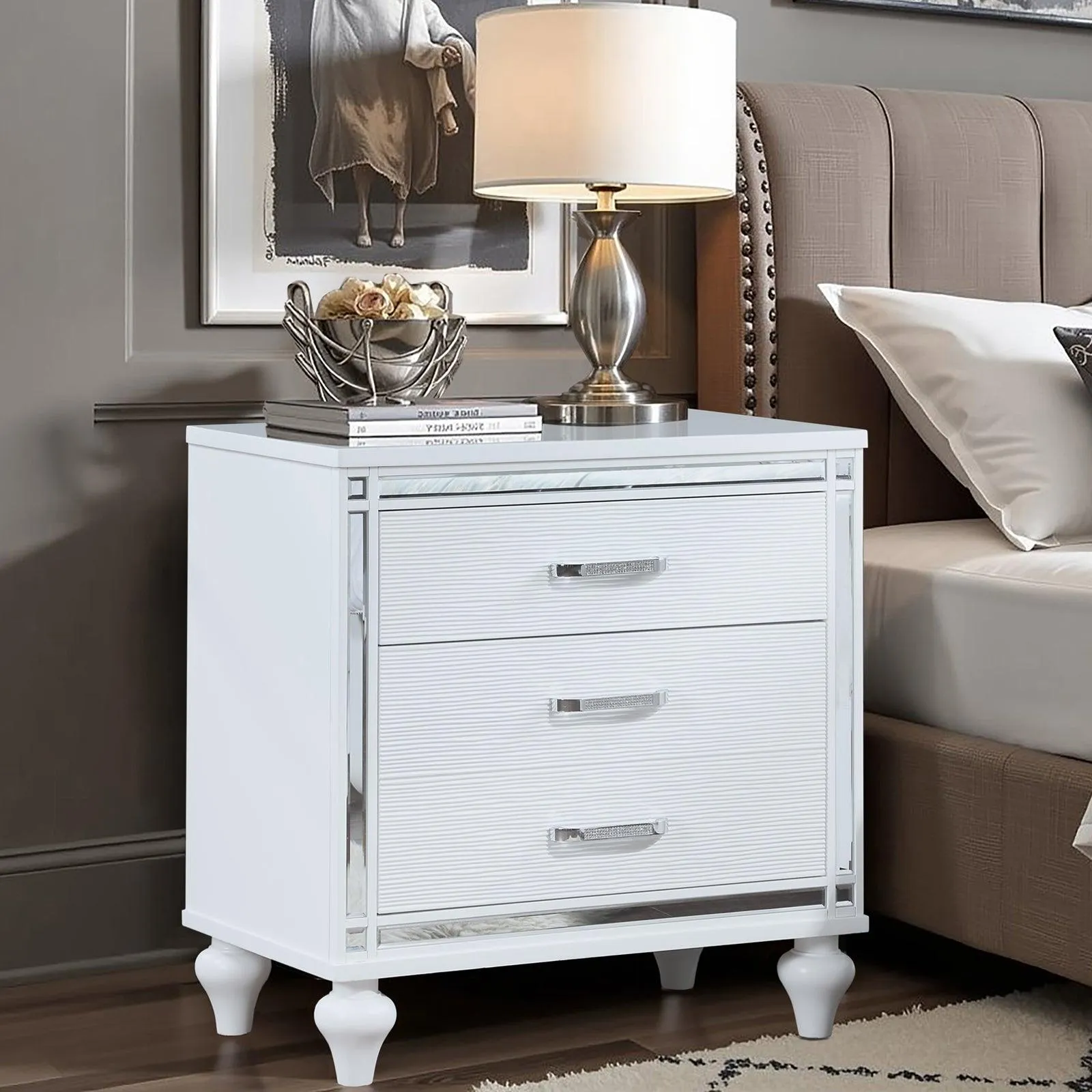 Contemporary Nightstands with mirror frame accents, Bedside Table with two drawers and one hidden drawer, End Table with Crystal Pull for Living Room,Bedroom, White