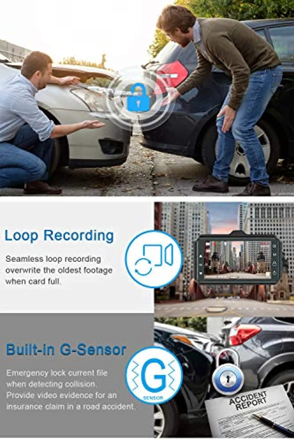 Dash Cam Front and Rear 3 inch Dashboard Camera Full HD