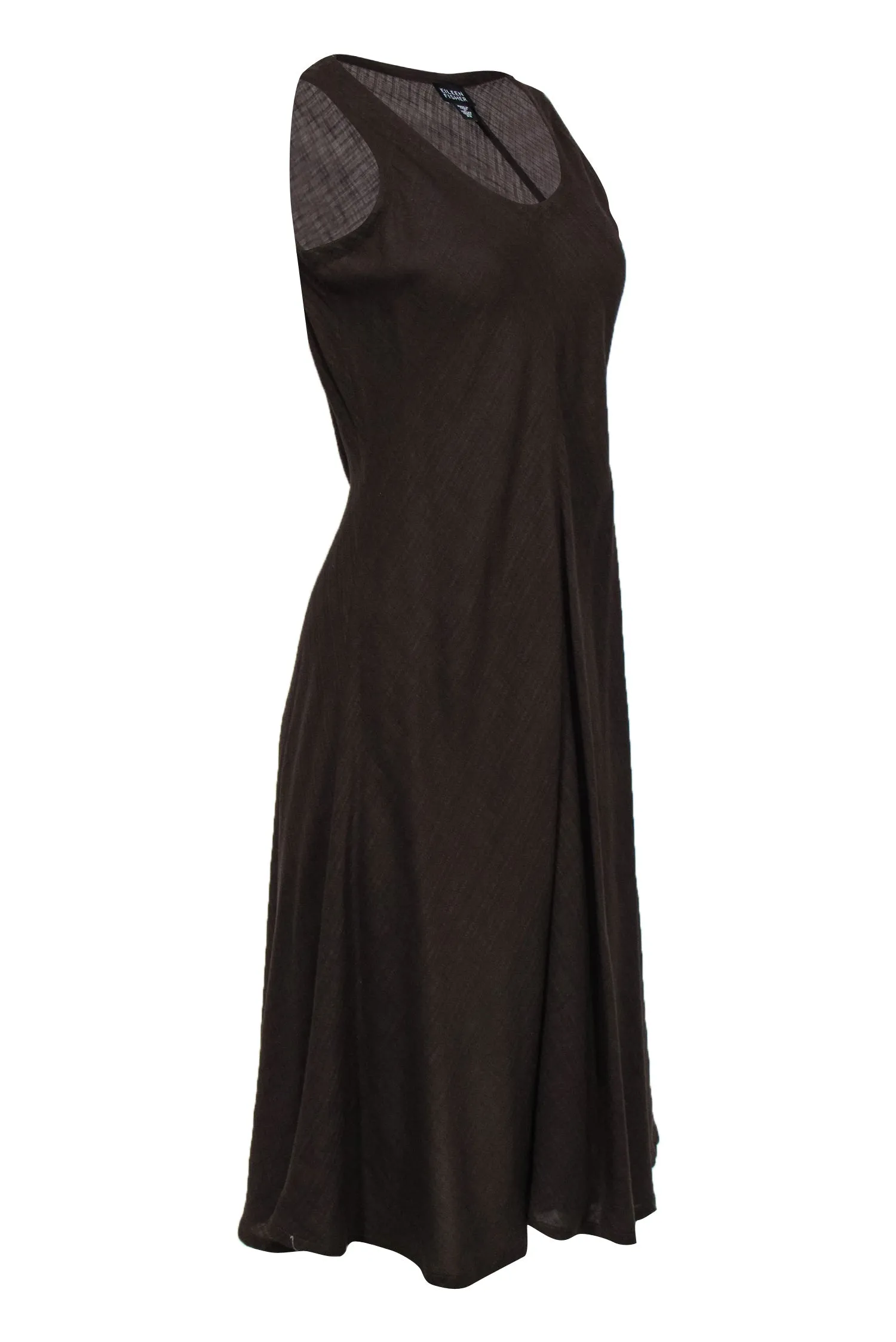 Eileen Fisher - Brown Woven V-Neck Flared Hem Shift Dress Sz XS