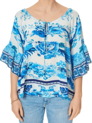 Inoa Sydney Printed Silk BOHO Top with Crystals 202