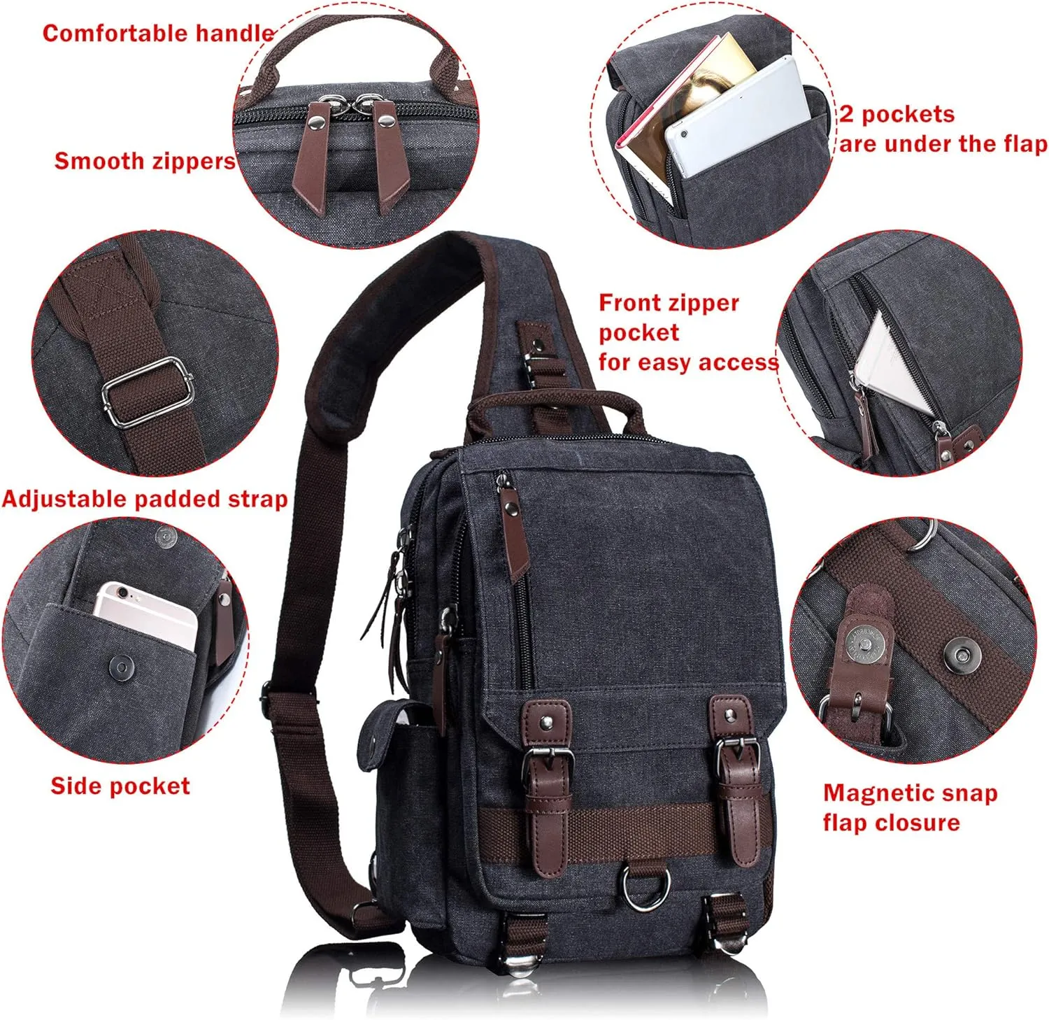 Leaper Canvas Messenger Bag Sling Bag Cross Body Bag Shoulder Bag Black, L