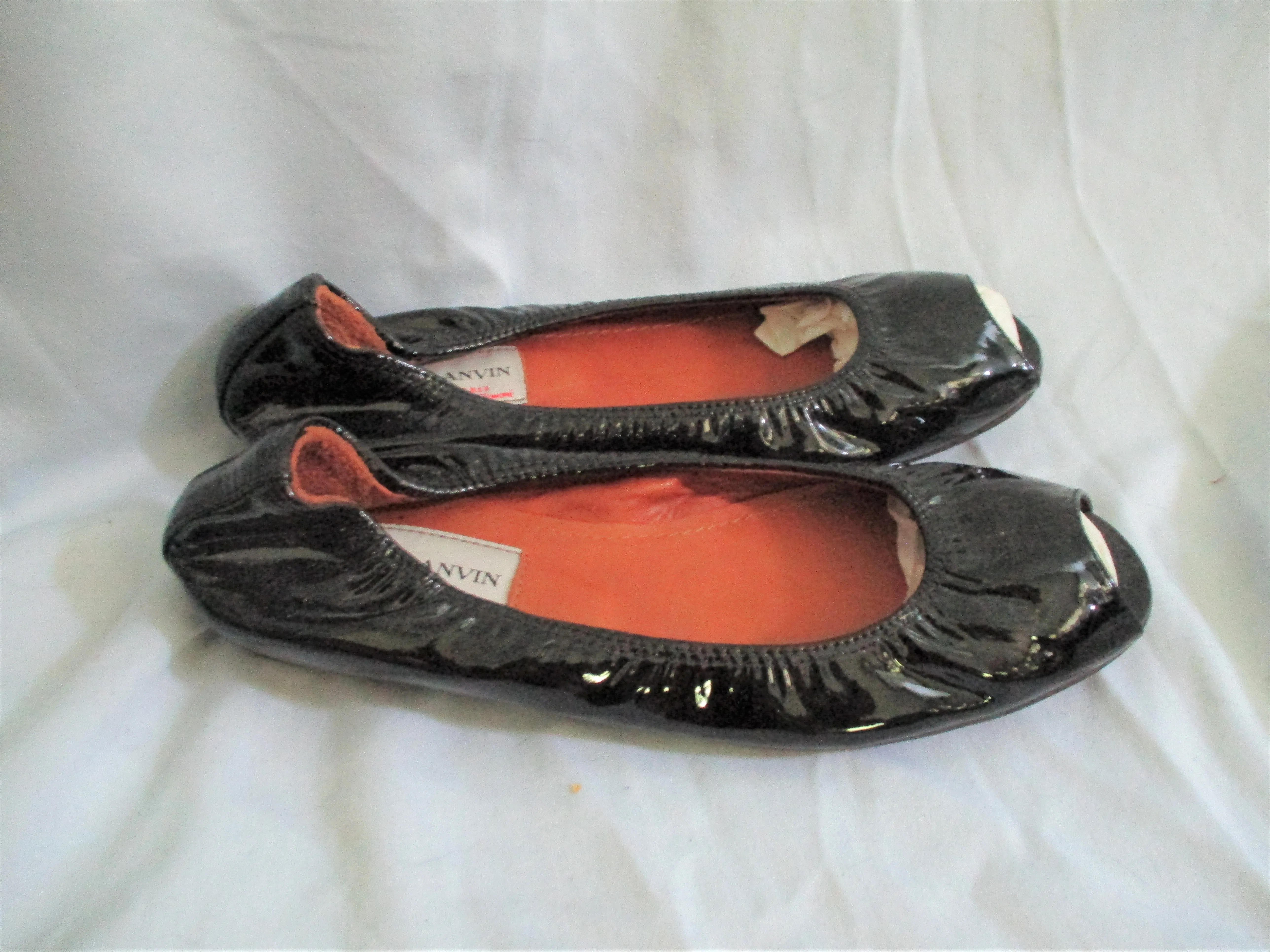 NEW LANVIN Patent Leather Ballet Flat Shoe 36.5 Peep Toe Slipper BLACK