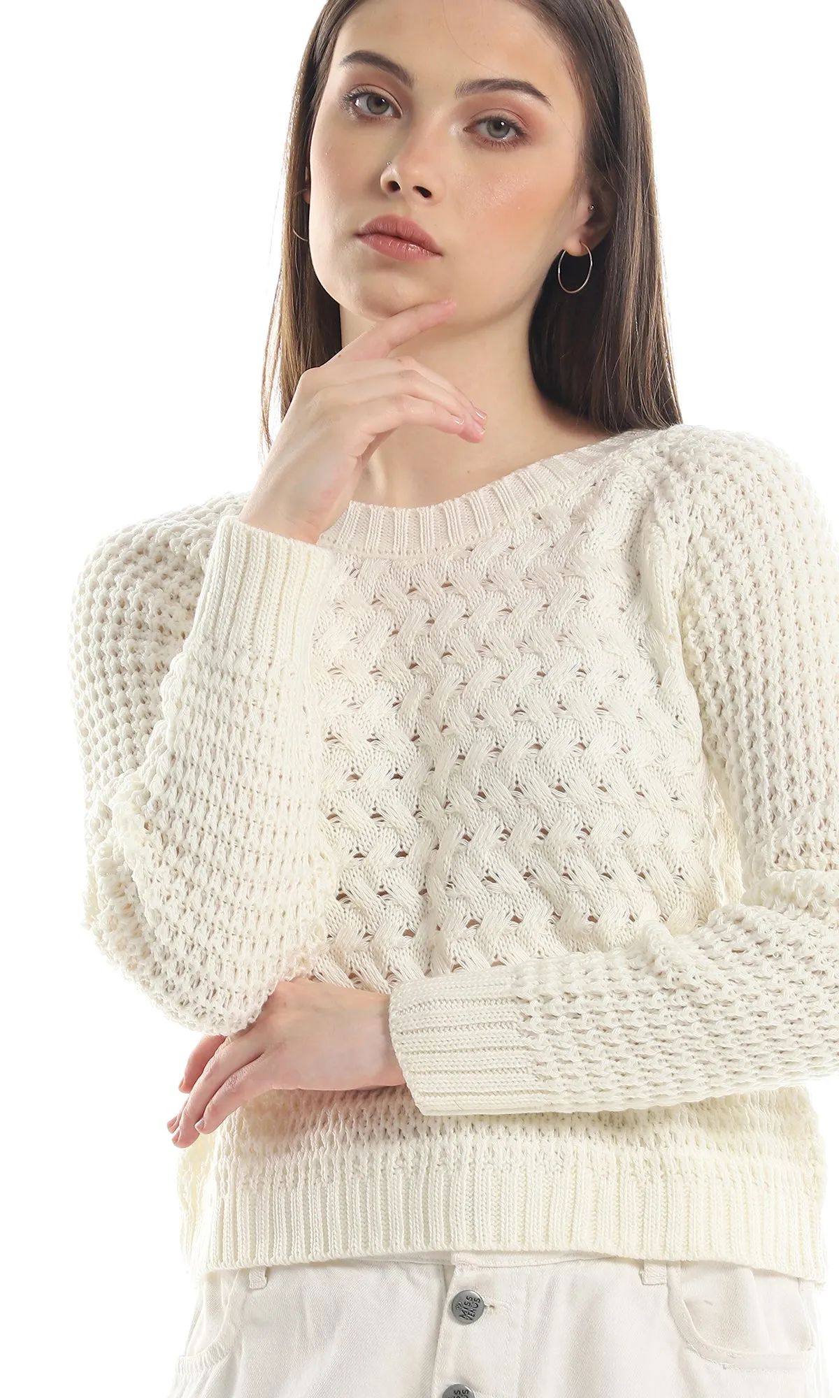 O158274 Braided Off White Slip On Acrylic Pullover