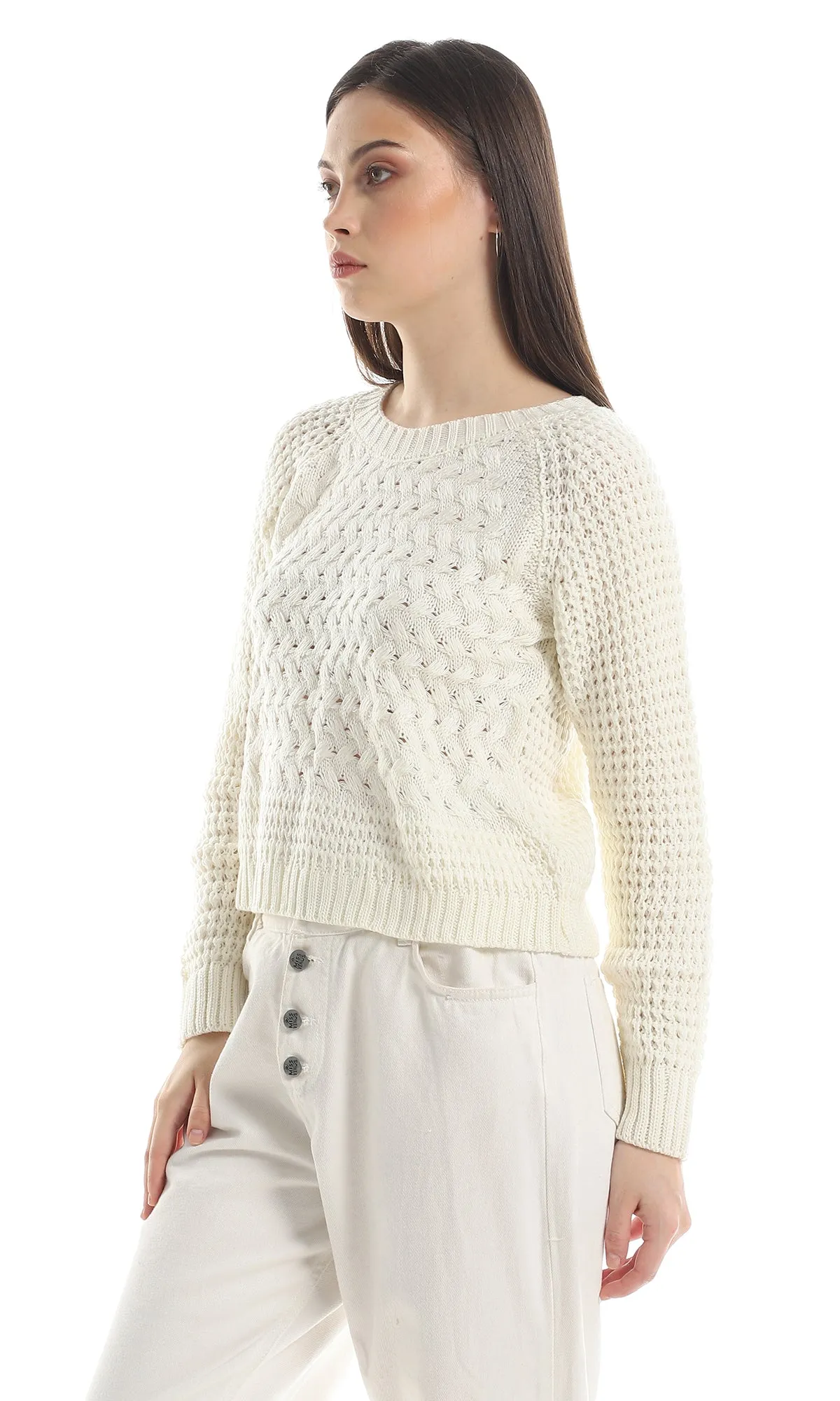 O158274 Braided Off White Slip On Acrylic Pullover