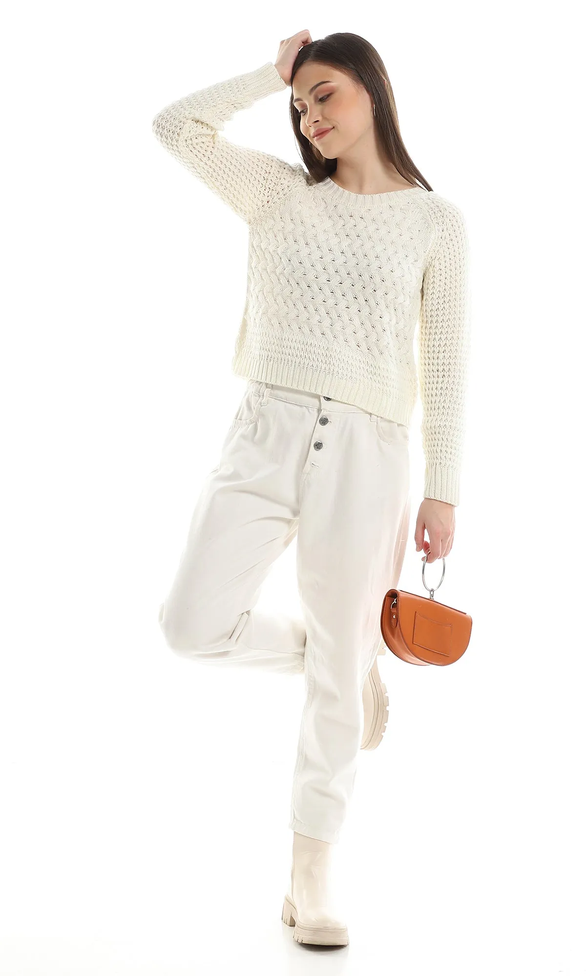 O158274 Braided Off White Slip On Acrylic Pullover
