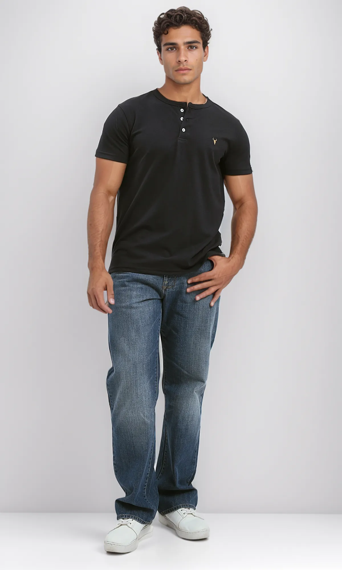 O190826 Black Round Neck Slip On Henley Shirt