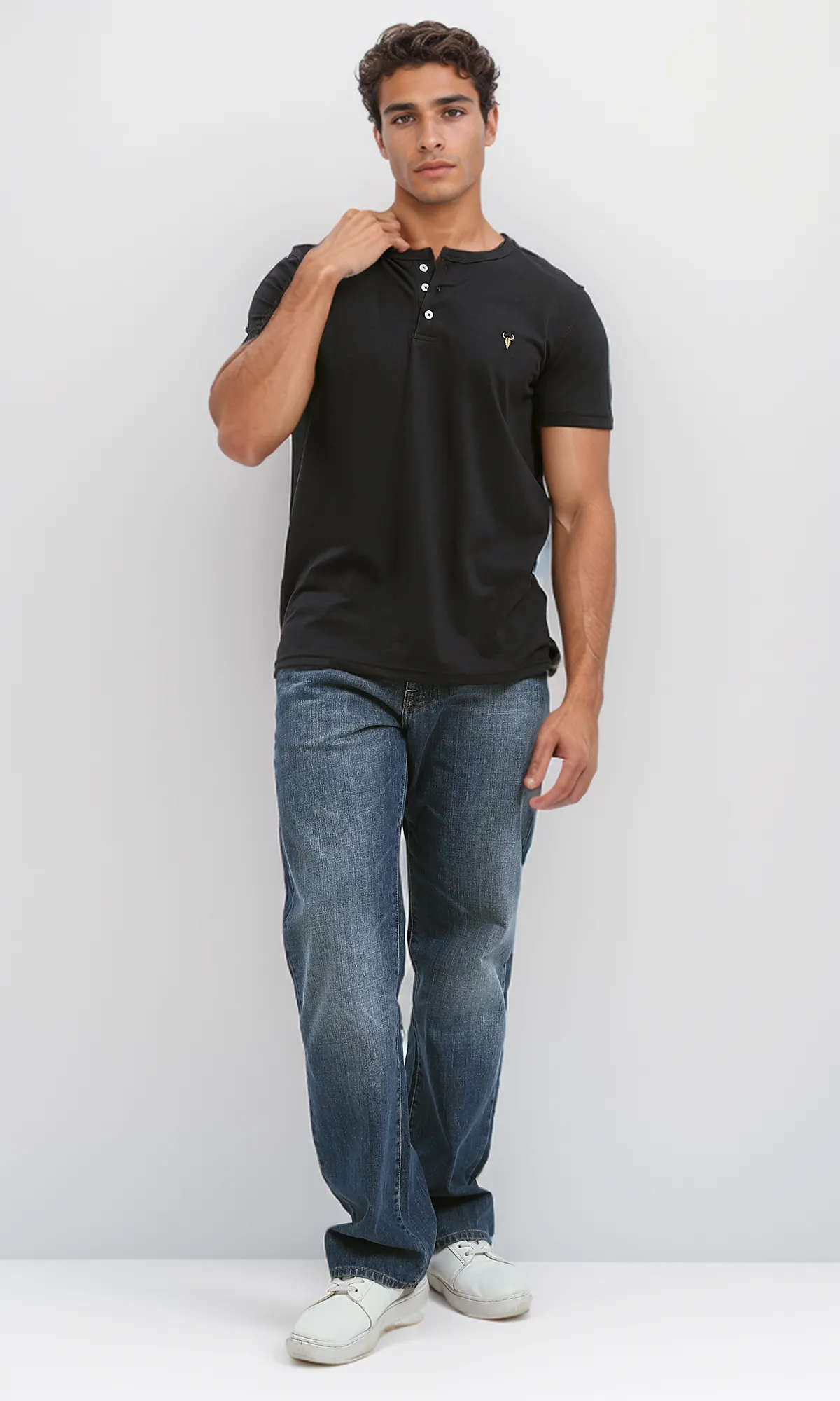 O190826 Black Round Neck Slip On Henley Shirt