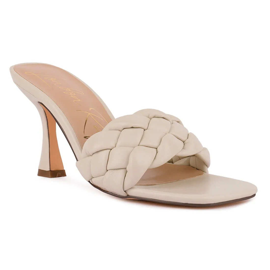 Off White Woven Strap Square Toe Heeled Sandal