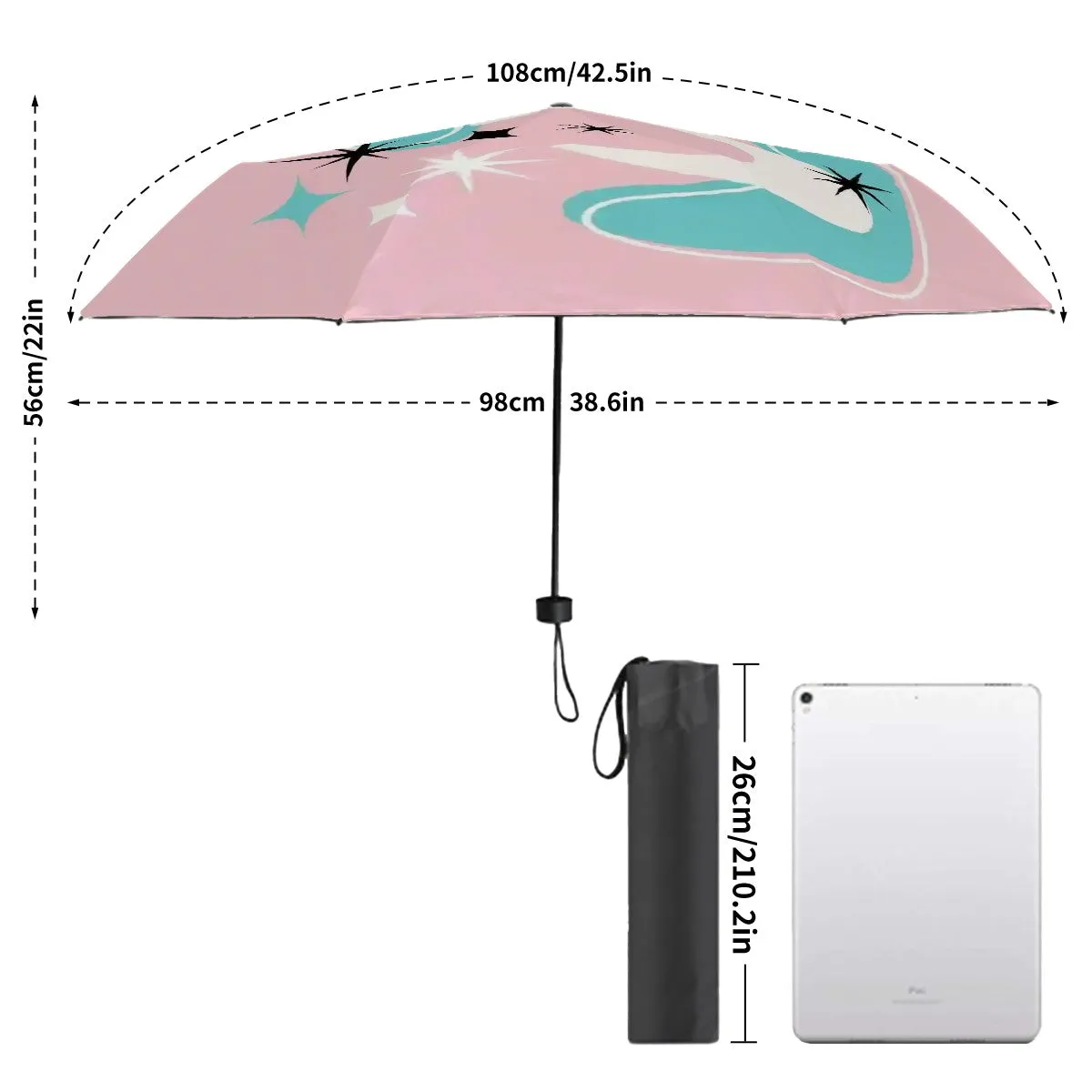 Pink And Aqua Atomic Boomerang Mid Mod Starbursts Designed UV Protection Umbrella