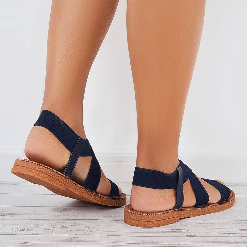 Sohiwoo Women Women Wide Elastic Ankle Strap Flat Sandals Criss Cross Strappy Sandals